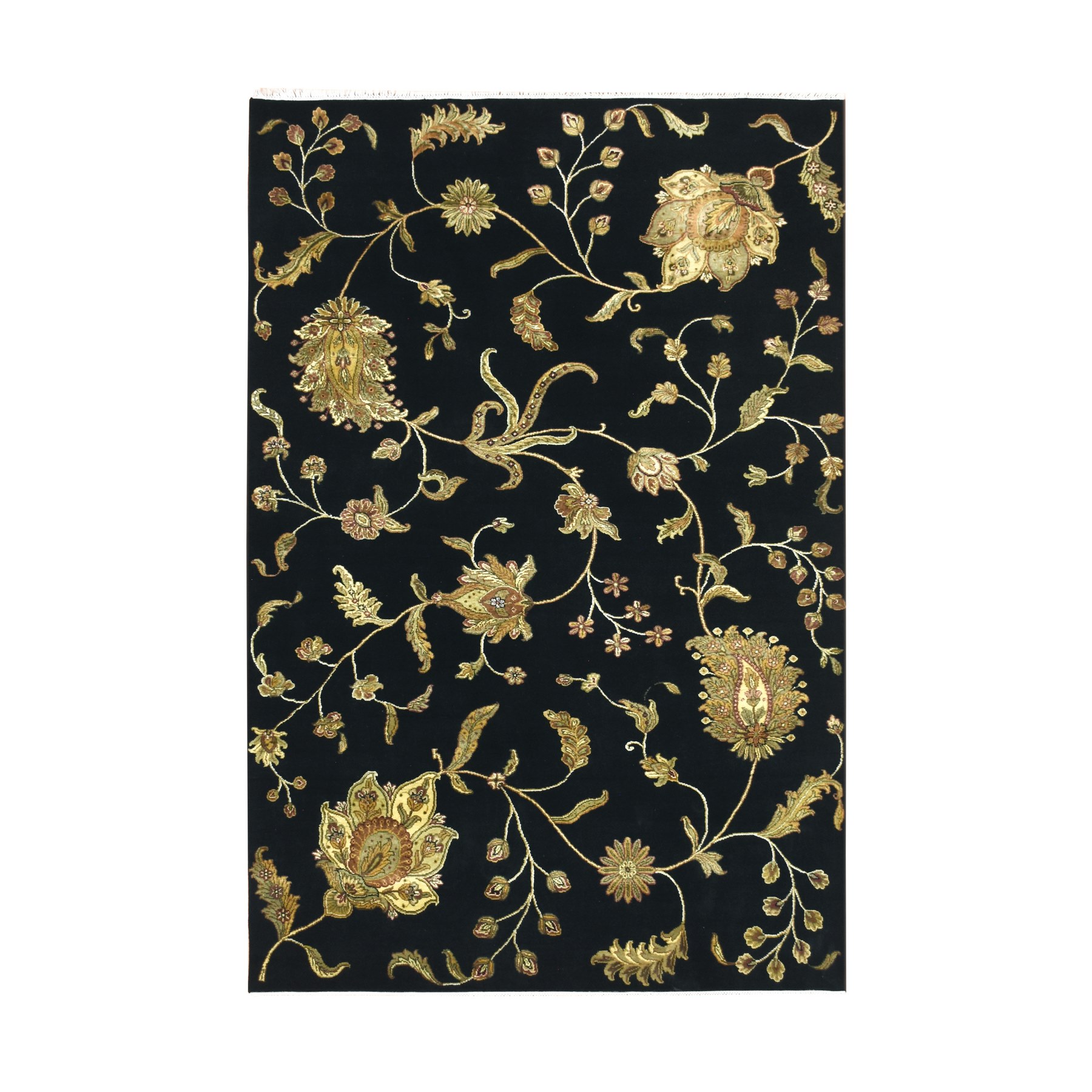 Ebony Black, Hand Knotted, Borderless Botanical Design, Half Wool and Half Silk, Densely Woven, Soft Pile, Oriental Rug